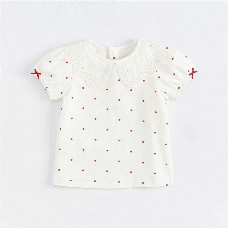Girls' Summer Short-sleeved T-shirt Baby's Western-style Children's Personality Trendy Brand Korean-style Hollow Flower Petal Collar Polo-dot Bow - Image 5