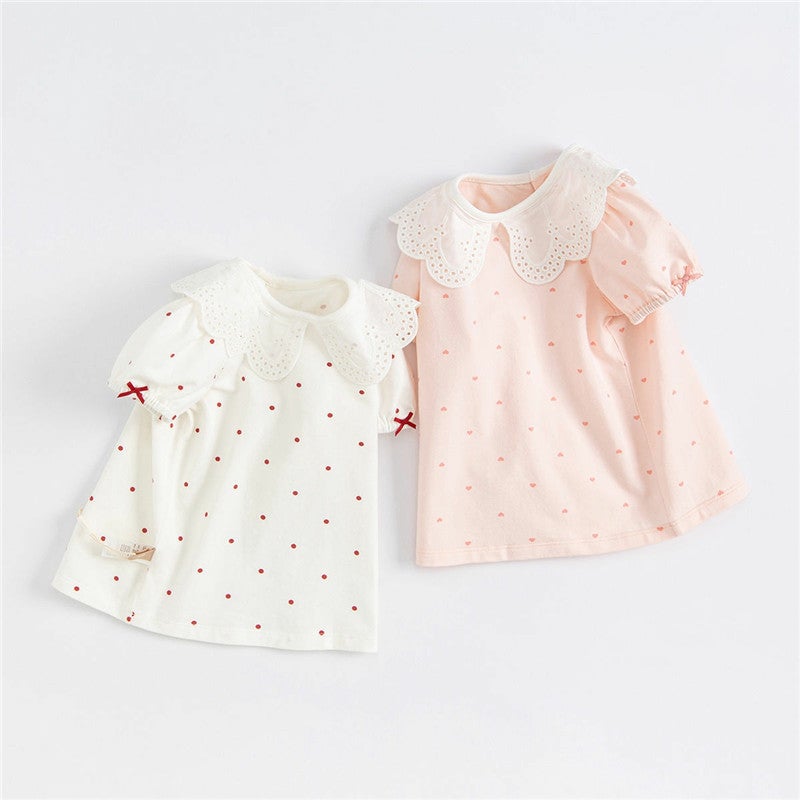 Girls' Summer Short-sleeved T-shirt Baby's Western-style Children's Personality Trendy Brand Korean-style Hollow Flower Petal Collar Polo-dot Bow - Image 3