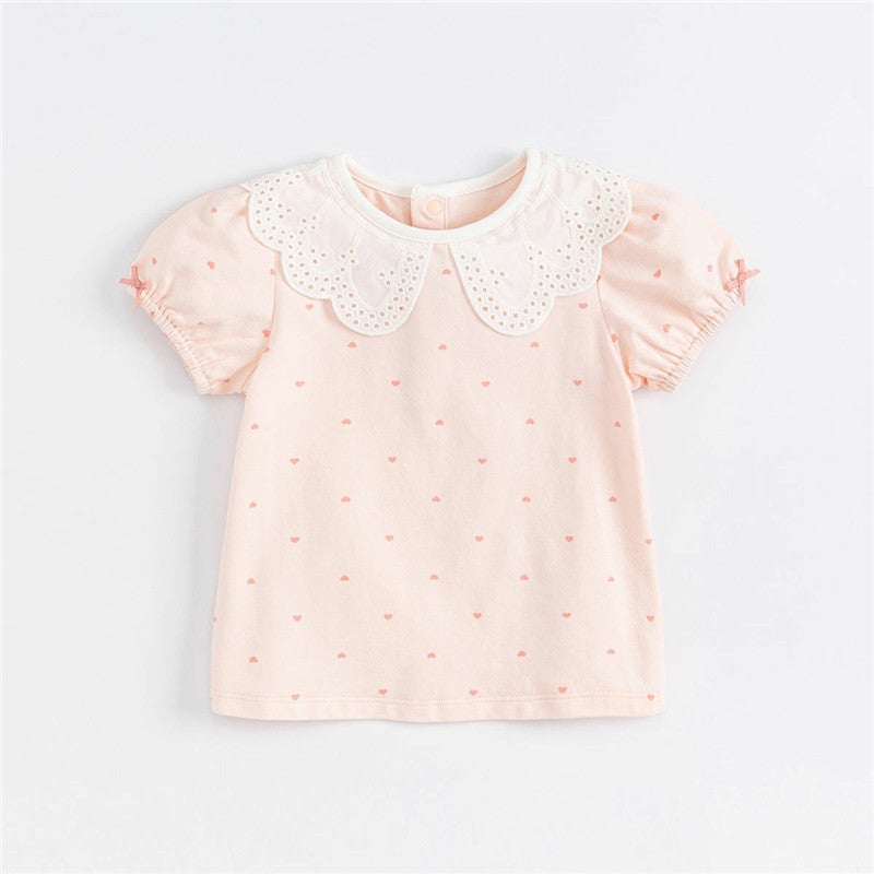 Girls' Summer Short-sleeved T-shirt Baby's Western-style Children's Personality Trendy Brand Korean-style Hollow Flower Petal Collar Polo-dot Bow - Image 1