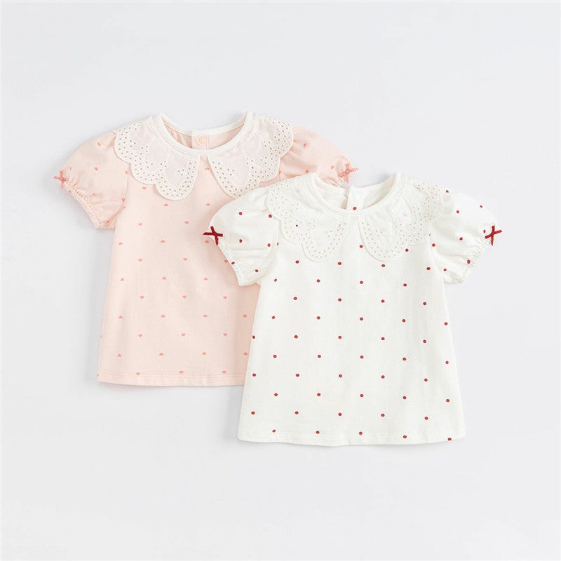 Girls' Summer Short-sleeved T-shirt Baby's Western-style Children's Personality Trendy Brand Korean-style Hollow Flower Petal Collar Polo-dot Bow - Image 2