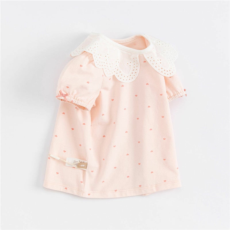 Girls' Summer Short-sleeved T-shirt Baby's Western-style Children's Personality Trendy Brand Korean-style Hollow Flower Petal Collar Polo-dot Bow - Image 4