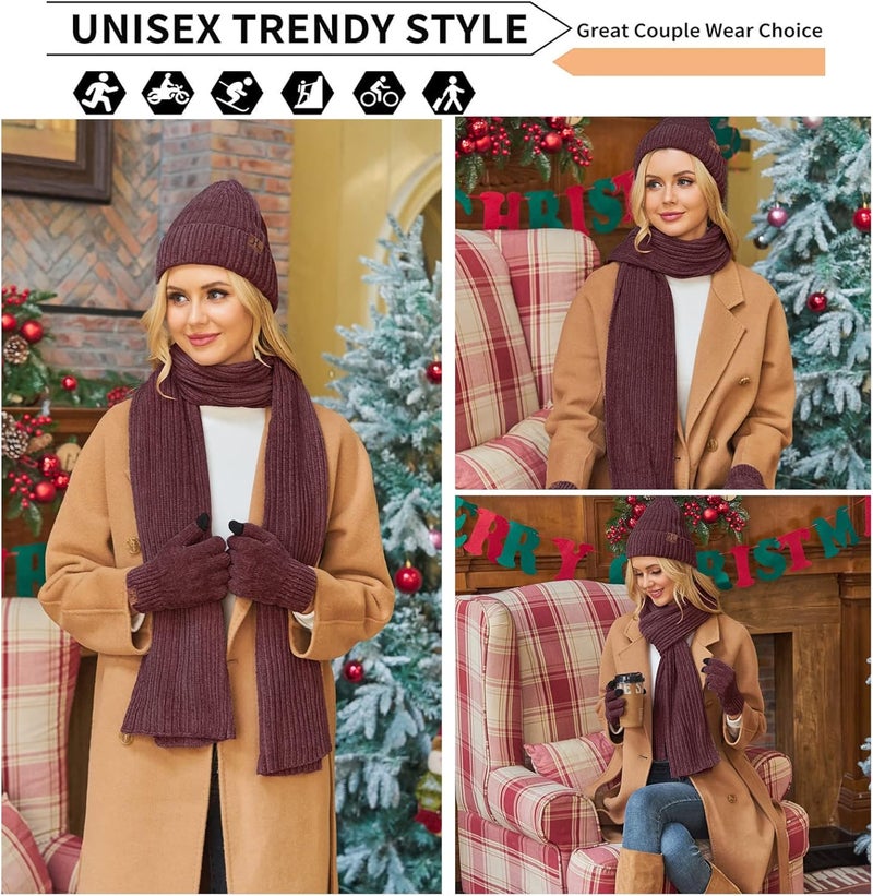 AQOTHES Womens Winter Knit Warm Hat Beanie Long Scarf Touch Screen Gloves Set Skull Caps Neck Scarves for Women - Image 5