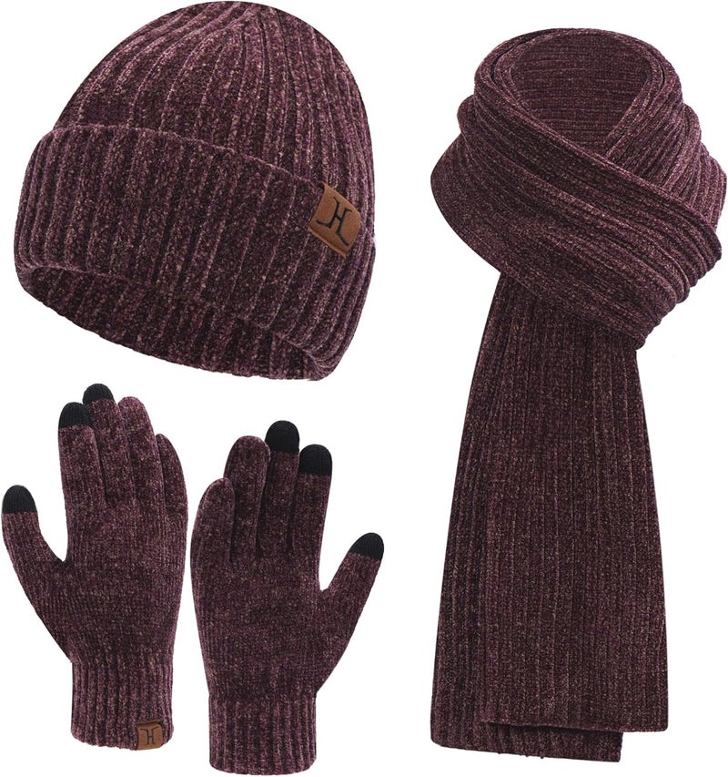 AQOTHES Womens Winter Knit Warm Hat Beanie Long Scarf Touch Screen Gloves Set Skull Caps Neck Scarves for Women - Image 1