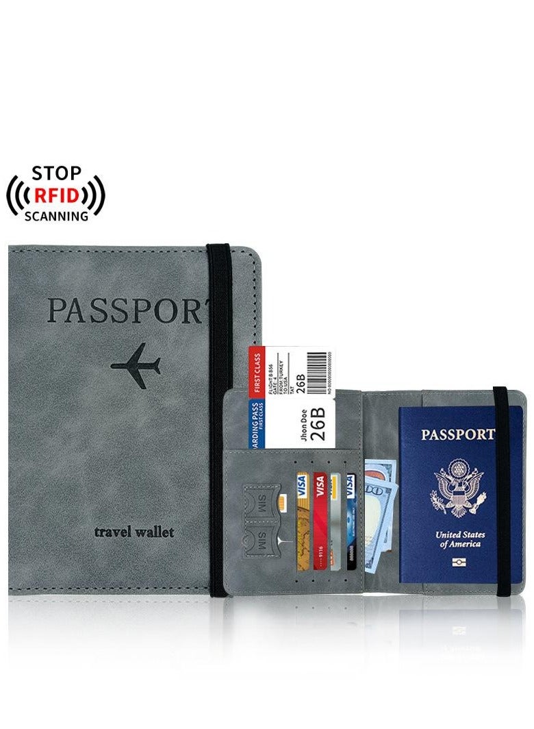 Passport Travel Protective Case with Elastic Band, PU Leather RFID Blocking Document Organizer Protector for Credit Card & ID Card, Boarding Pass (Grey)  - Image 1