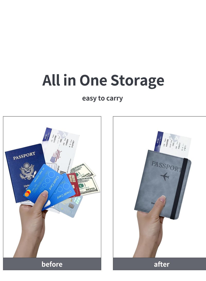 Passport Travel Protective Case with Elastic Band, PU Leather RFID Blocking Document Organizer Protector for Credit Card & ID Card, Boarding Pass (Grey)  - Image 2