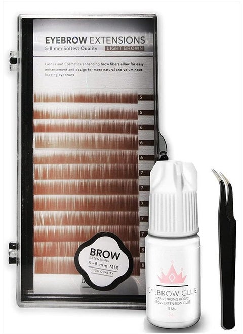 Eyebrow Extensions Kit with 1 x Trays of Mink Eyebrows in Light Brown Comes on Mixed Length Trays 5-8 Mm Mix, Eyebrow Extension Glue Clear & Extension Tweezers (Light Brown, Black Tweezer)