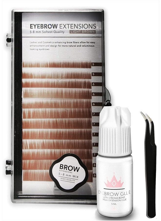 KC Republic - Eyebrow Extensions Kit with 1 x Trays of Mink Eyebrows in Light Brown Comes on Mixed Length Trays 5-8 Mm Mix, Eyebrow Extension Glue Clear & Extension Tweezers (Light Brown, Black Tweezer) - Image 1