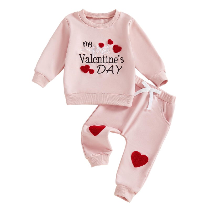 Thorn Tree My First Valentines Day Baby Girl Outfit Long Sleeve Newborn Sweater Pocket Pants Fall Winter Clothes Toddler Outfits (Pink, 6-12 Months) - Image 1