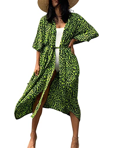Bsubseach Stylish Tie Dye Open Front Long Kimono Swimsuit Cover Up for Women Swimwear Cover Ups Green Leopard - Image 1