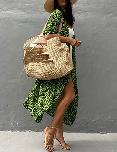 Bsubseach Stylish Tie Dye Open Front Long Kimono Swimsuit Cover Up for Women Swimwear Cover Ups Green Leopard - Image 4
