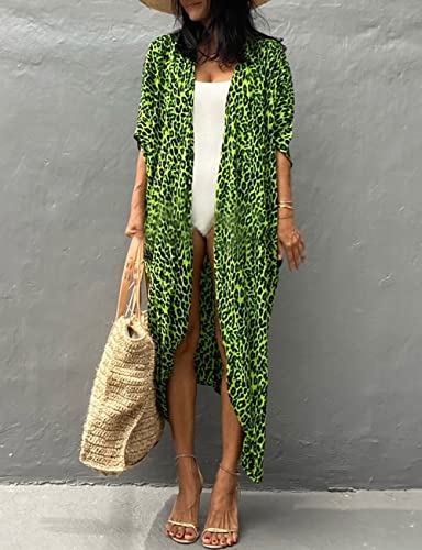 Bsubseach Stylish Tie Dye Open Front Long Kimono Swimsuit Cover Up for Women Swimwear Cover Ups Green Leopard - Image 3