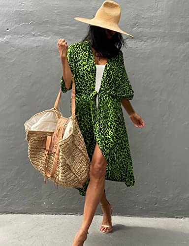 Bsubseach Stylish Tie Dye Open Front Long Kimono Swimsuit Cover Up for Women Swimwear Cover Ups Green Leopard - Image 2