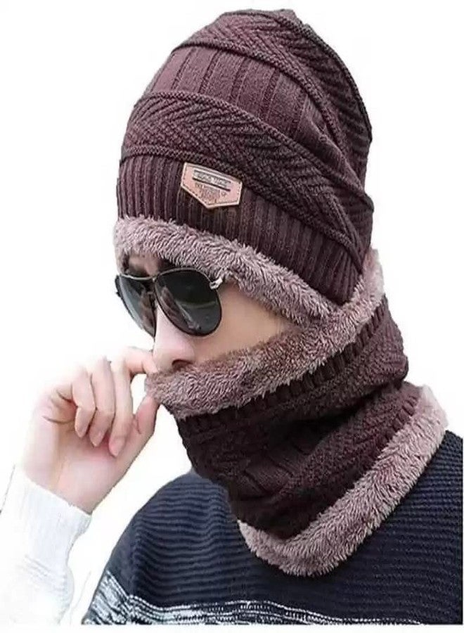 GLAMAXY Men's Winter Cap With Neck Scarf - Unisex Beanie With Fleece Neck Warmer for Men & Women - Thick Fluffy Woolen Thermal Cap (Brown) - Image 2