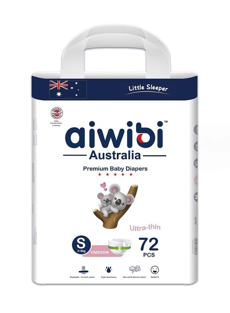 aiwibi Ultra Thin Premium Baby Diapers - Size (2) Small 72 Pcs (4-8kg) Super Soft, Breathable, High absorbent and Hypoallergenic Diapers