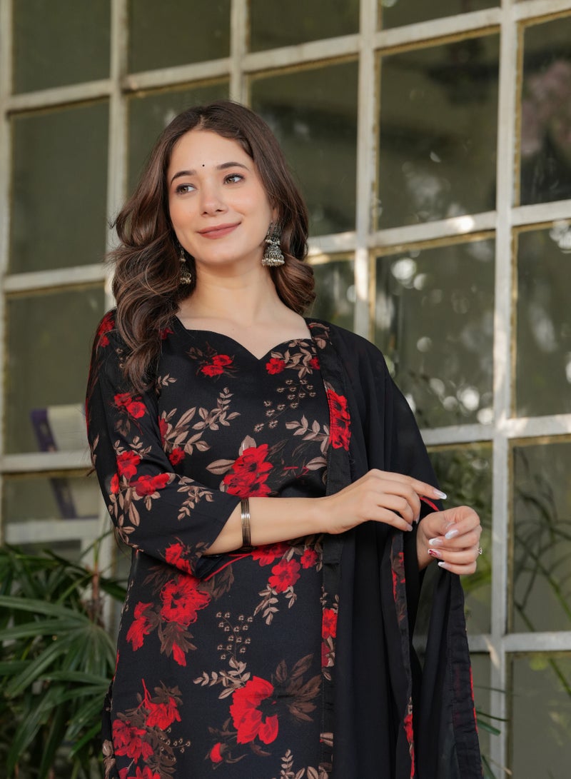 Women's Silk blend Black & Red printed straight kurta with pant and dupatta sets - Image 1