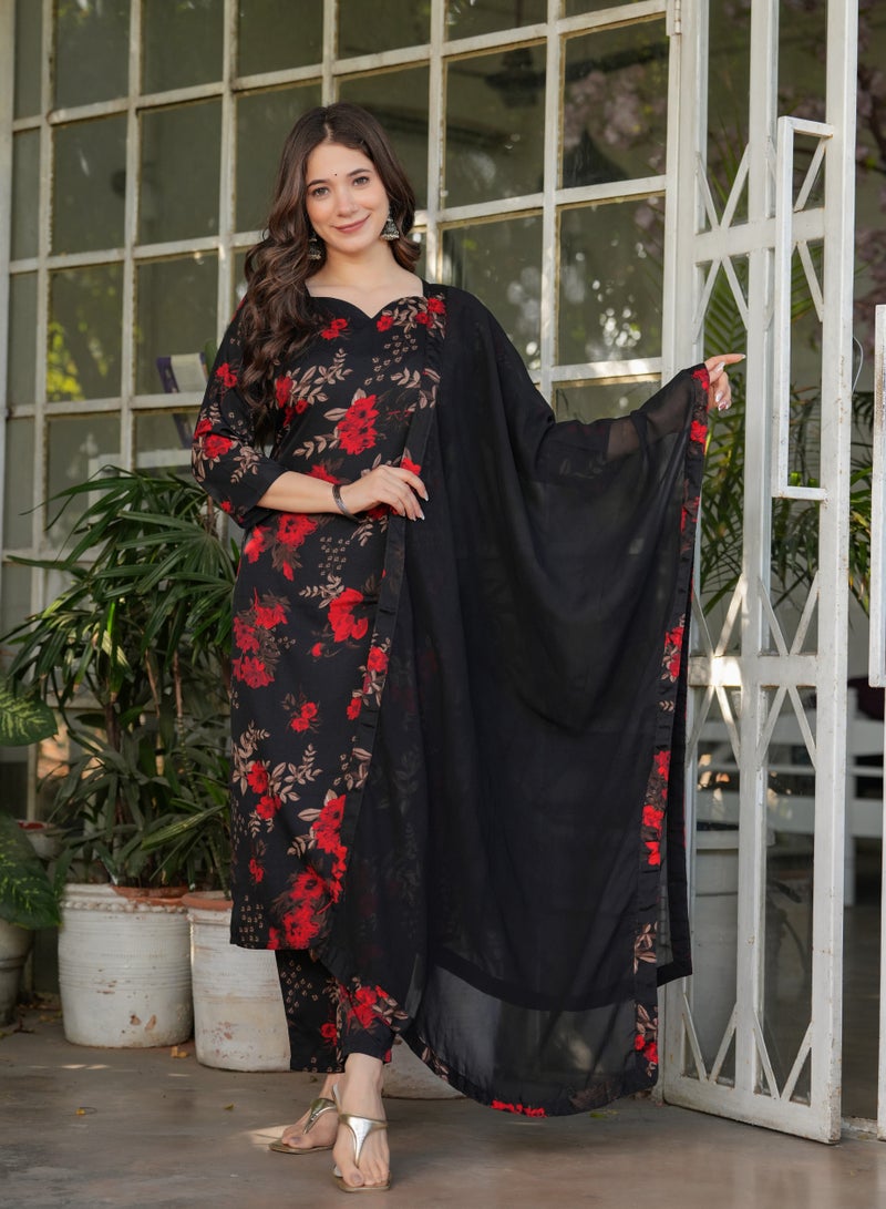 Women's Silk blend Black & Red printed straight kurta with pant and dupatta sets - Image 2