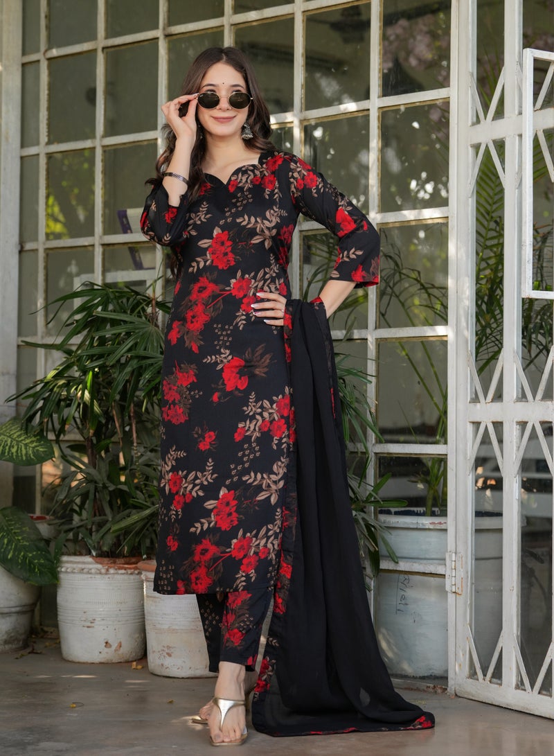 Women's Silk blend Black & Red printed straight kurta with pant and dupatta sets - Image 4