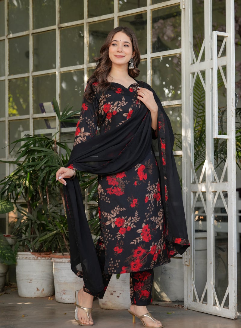 Women's Silk blend Black & Red printed straight kurta with pant and dupatta sets - Image 3
