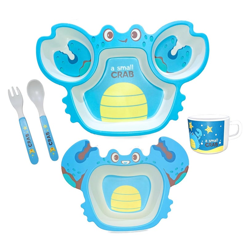 Deepashri™ Baby Feeding Essentials Set | Adjustable Bib, Soft Spoon & Fork - Divided Suction Plate, Suction Bowl, Sippy Cup, BPA-Free, Dishwasher Safe - Crab Blue. - Image 1