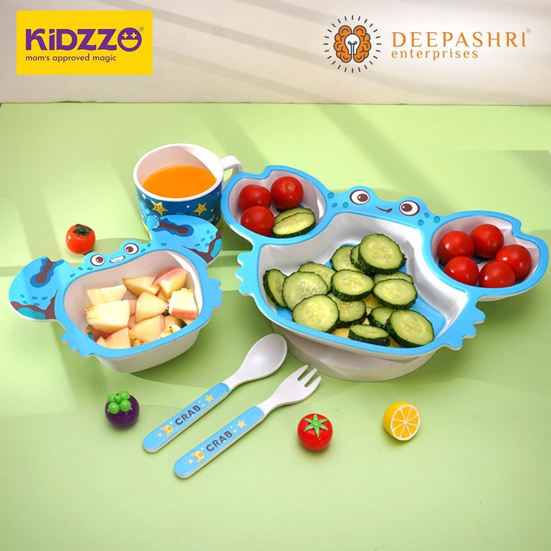 Deepashri™ Baby Feeding Essentials Set | Adjustable Bib, Soft Spoon & Fork - Divided Suction Plate, Suction Bowl, Sippy Cup, BPA-Free, Dishwasher Safe - Crab Blue. - Image 5