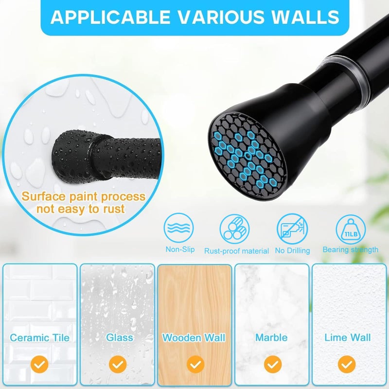 MEXAU Black Spring Tension Curtain Rod 28-52 Inches, 7/8" Diameter Adjustable Shower Curtain Rod No Drill, Anti-slip Heavy Duty Spring Curtain Rod for Windows Bathroom Kitchen Closet Doorway - Image 3