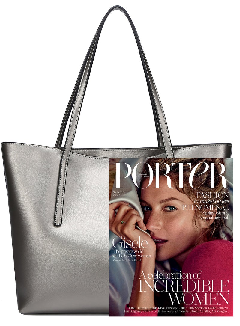 Covelin Women's Handbag Genuine Leather Tote Shoulder Bags Soft Hot Silver grey - Image 3