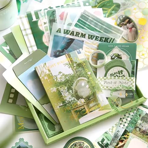 The AutoStory Botanical Scrapbooking Kit A6 Junk Journal Nature Stickers Art Collage Paper Washi Tape DIY Craft Aesthetic Stationery Collection Gift for Teens Girls (Poetry of Misty Island, Green) - Image 5