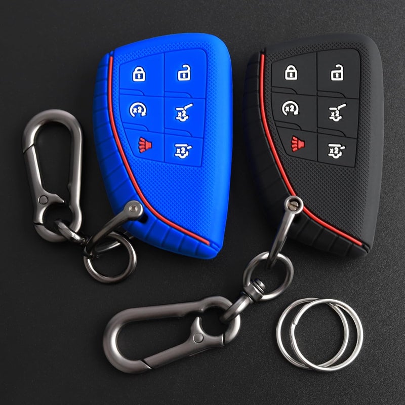TANDRIVE Key Fob Cover for 2025-2021 Chevy Tahoe Suburban GMC Yukon, 6 Button, Silicone, 2-Pack, Black and Blue - Image 1