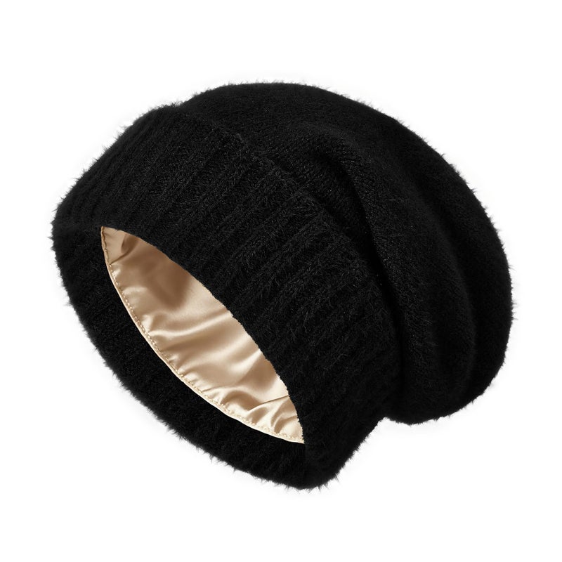 Zando Slouchy Satin Lined Beanie for Women & Men - Warm Hair Protection Winter Hat, Fashionable Thick Kint Black Beanie, Silky Lined Skull Cap, Stocking Cap for Cold Outdoor Travel Daily Wear One Size - Image 1