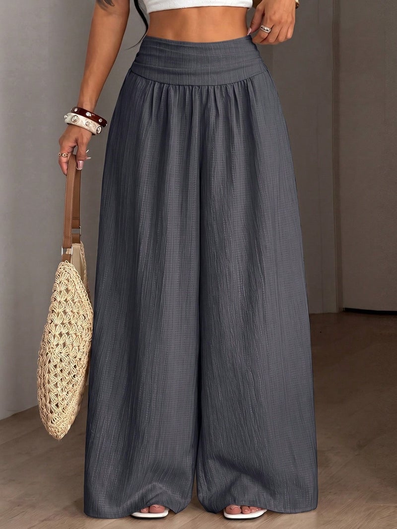 WU Women's High Waist Wide Leg Pants – Solid Color Loose Lounge Trousers with Elastic Waistband - Image 4