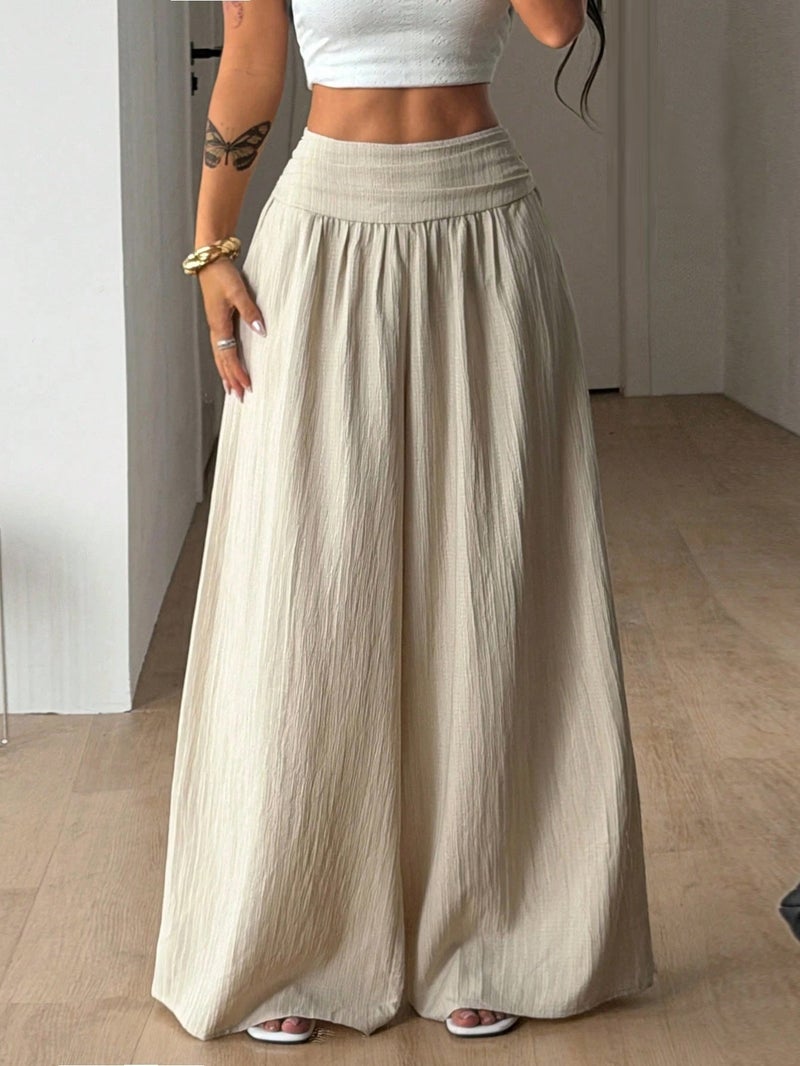 WU Women's High Waist Wide Leg Pants – Solid Color Loose Lounge Trousers with Elastic Waistband - Image 3