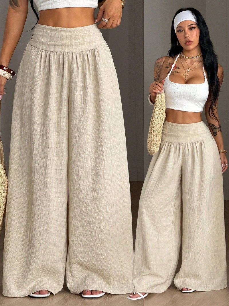 WU Women's High Waist Wide Leg Pants – Solid Color Loose Lounge Trousers with Elastic Waistband - Image 2
