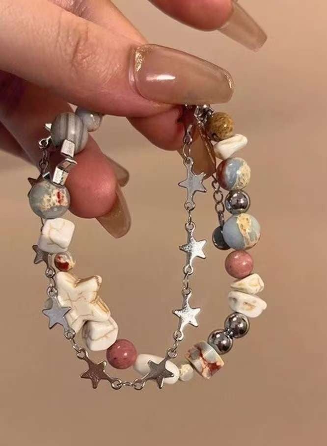 سوار نجوم مزدوج الطبقات بلون كريمي مع خرز زركون - مجوهرات نسائية كلاسيكية - Image 2