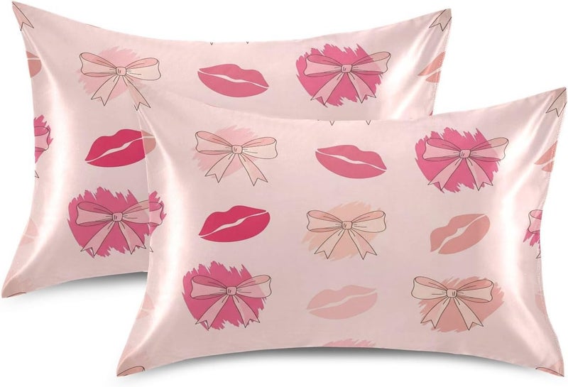 Ribbon Bow Lipsticks Satin Pillowcase for Hair and Skin Soft Breathable Wrinkle-Free Pillow Cases with Envelope Closure Cooling Pillow Covers for Sleeping Standard Size - Image 2