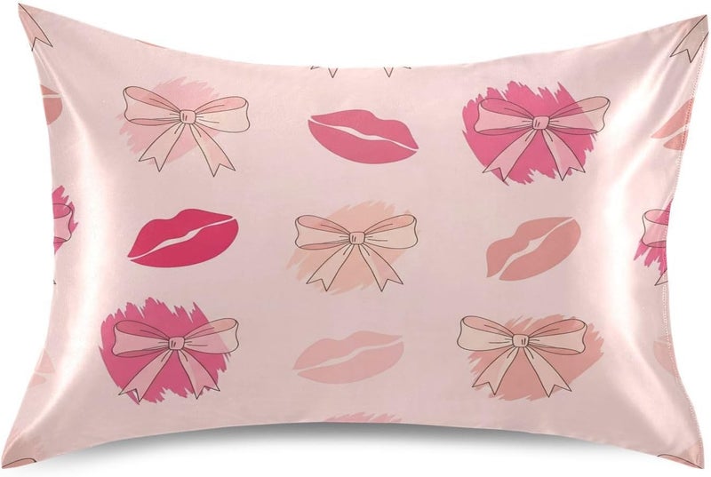 Ribbon Bow Lipsticks Satin Pillowcase for Hair and Skin Soft Breathable Wrinkle-Free Pillow Cases with Envelope Closure Cooling Pillow Covers for Sleeping Standard Size - Image 1