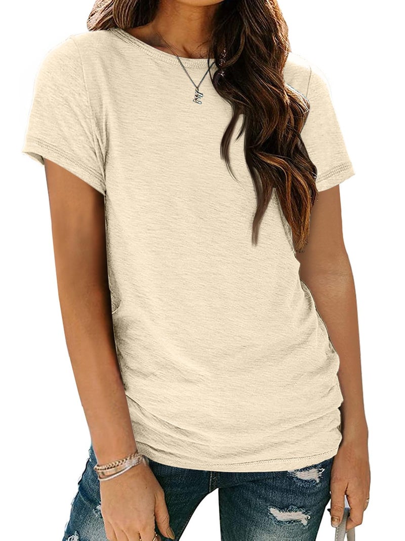 AUTOMET Women's Soft Basic Short Sleeve T-Shirt, Round Neck Tops Summer Casual Tee for Spring Shirts Clothes Everyday Wear 02cream M - Image 1