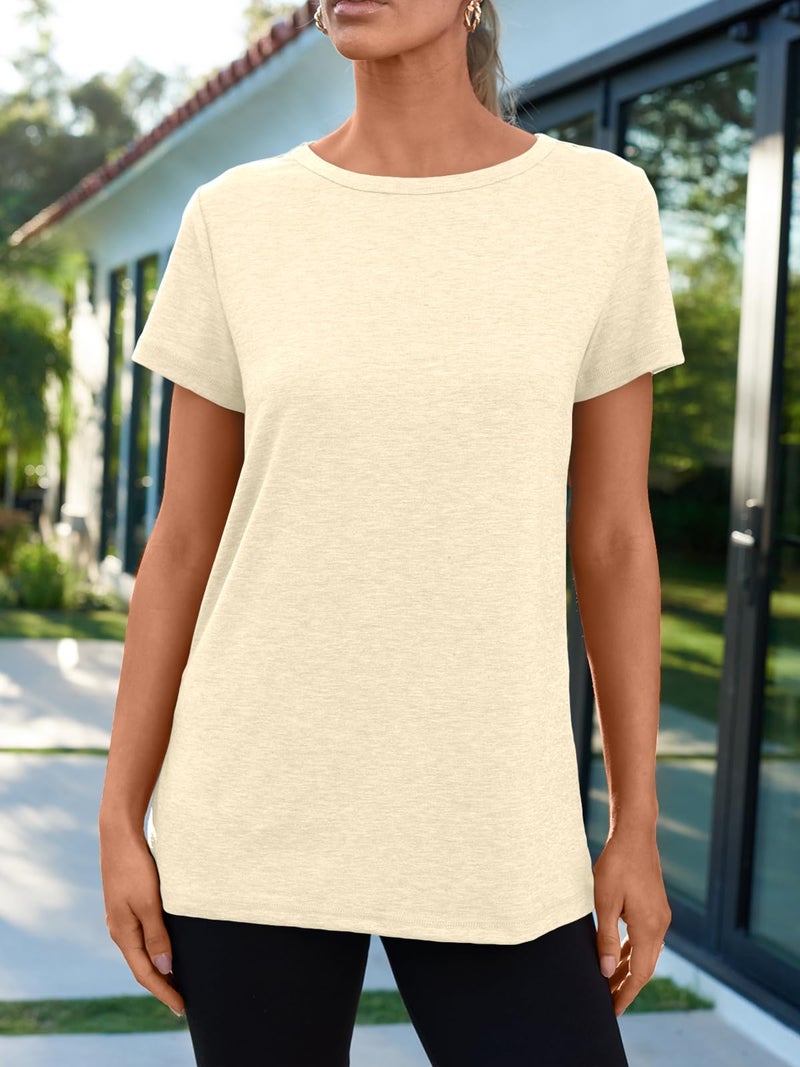 AUTOMET Women's Soft Basic Short Sleeve T-Shirt, Round Neck Tops Summer Casual Tee for Spring Shirts Clothes Everyday Wear 02cream M - Image 2