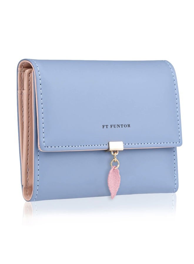 FT FUNTOR RFID Wallets for Women, Leaf Card Holder Trifold Ladies Wallets Coins Zipper Pocket with ID Window Blue - Image 1