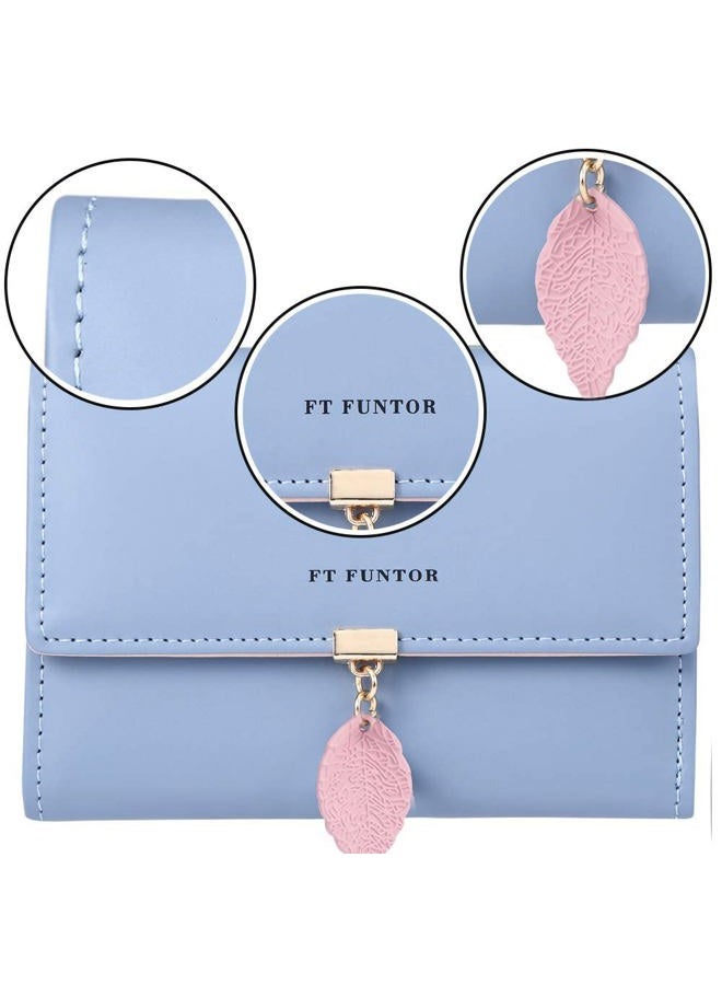 FT FUNTOR RFID Wallets for Women, Leaf Card Holder Trifold Ladies Wallets Coins Zipper Pocket with ID Window Blue - Image 3
