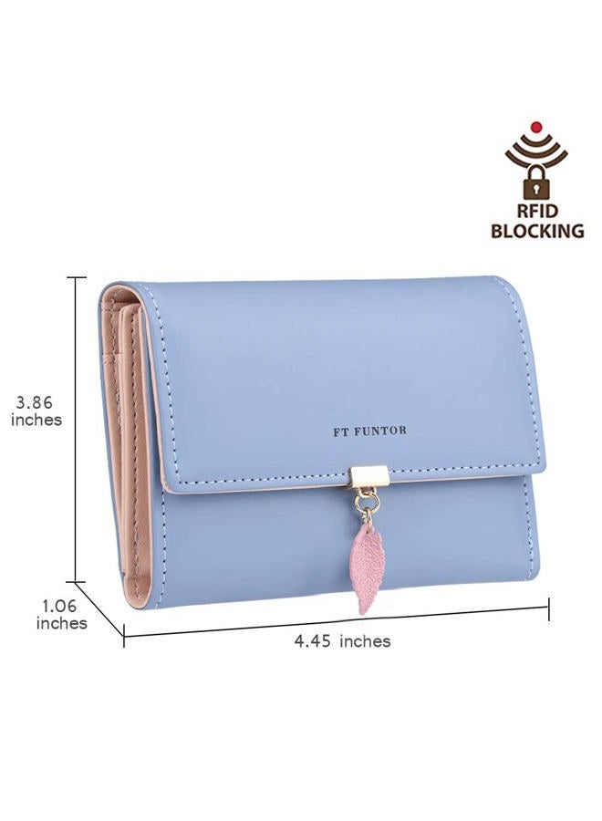 FT FUNTOR RFID Wallets for Women, Leaf Card Holder Trifold Ladies Wallets Coins Zipper Pocket with ID Window Blue - Image 5