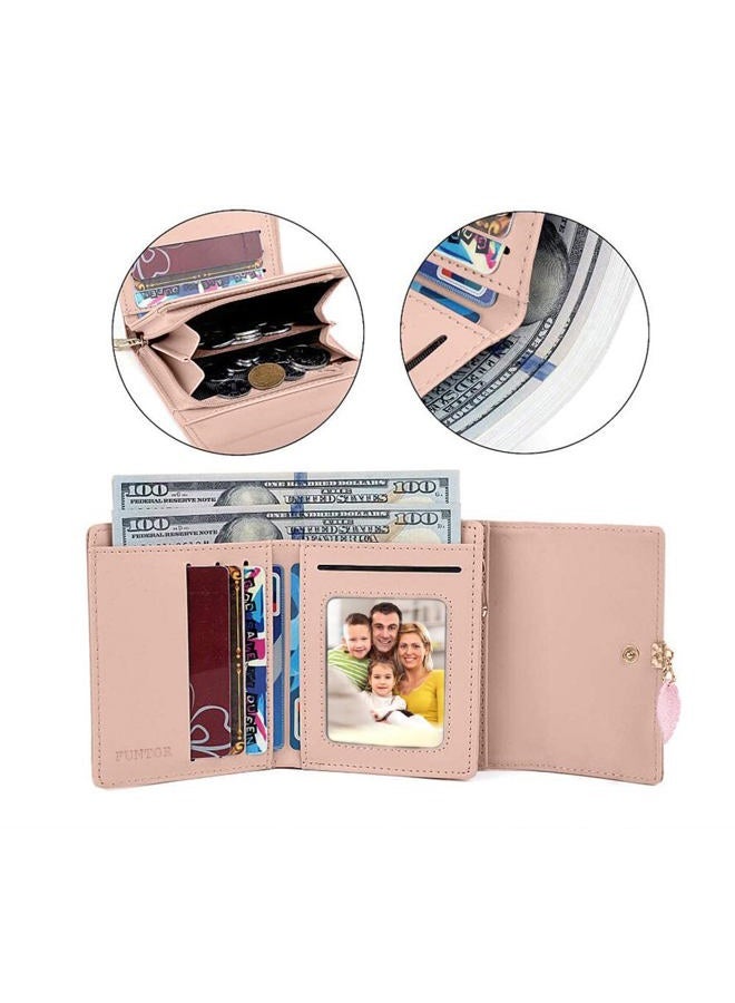 FT FUNTOR RFID Wallets for Women, Leaf Card Holder Trifold Ladies Wallets Coins Zipper Pocket with ID Window Blue - Image 4