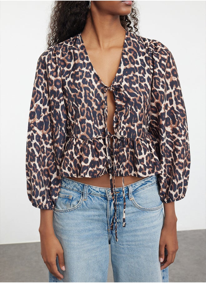 trendyol - Multicolored Animal Leopard Patterned Tie Detailed Regular Fit Woven Shirt TWOAW25GO00087 - Image 1