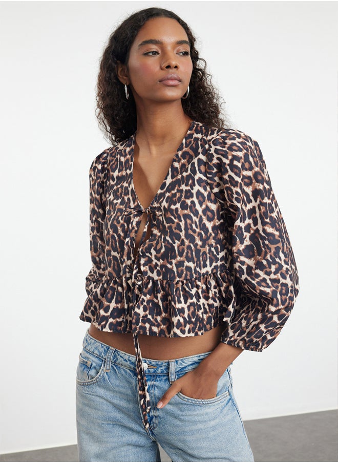 trendyol - Multicolored Animal Leopard Patterned Tie Detailed Regular Fit Woven Shirt TWOAW25GO00087 - Image 1