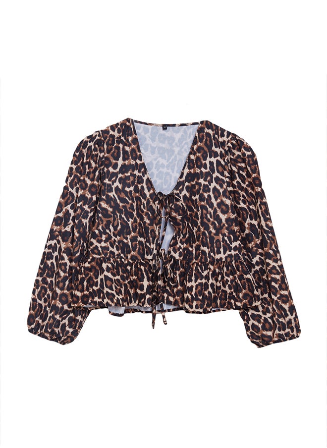 trendyol - Multicolored Animal Leopard Patterned Tie Detailed Regular Fit Woven Shirt TWOAW25GO00087 - Image 1