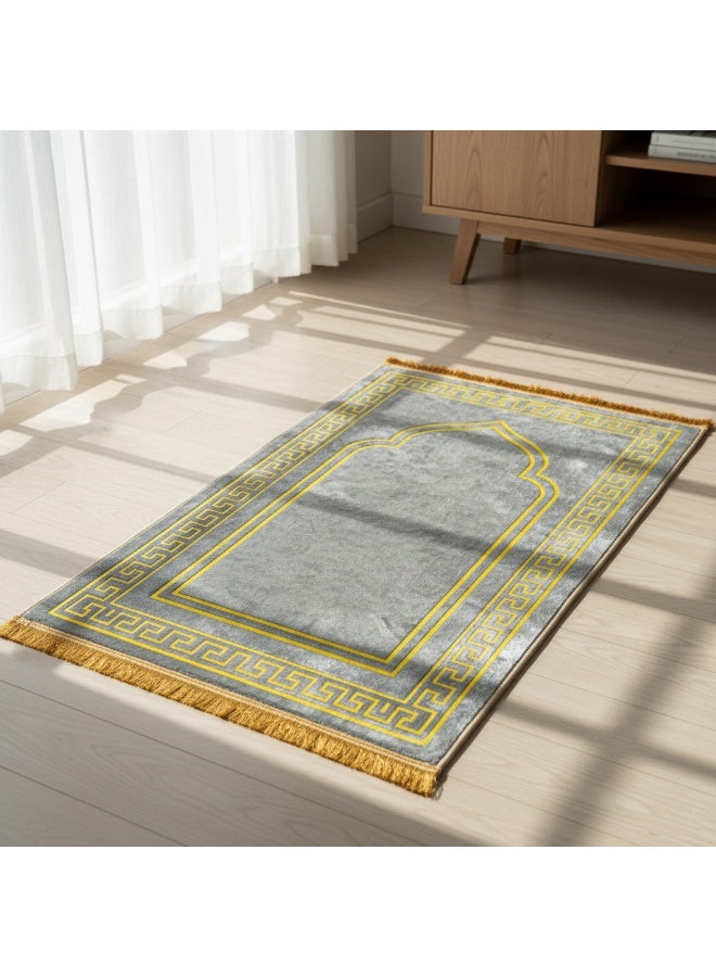 فابينني سجادة صلاة إسلامية فاخرة من المخمل المطبوع مقاس 70×110 سم مع قاعدة غير قابلة للانزلاق وشرابات لامعة، خفيفة الوزن وقابلة للحمل، هدية لشهر رمضان والعيد والحج والعمرة، رمادي/ذهبي - Image 1