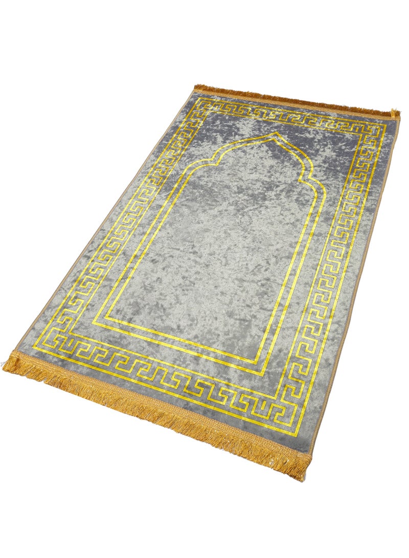 فابينني سجادة صلاة إسلامية فاخرة من المخمل المطبوع مقاس 70×110 سم مع قاعدة غير قابلة للانزلاق وشرابات لامعة، خفيفة الوزن وقابلة للحمل، هدية لشهر رمضان والعيد والحج والعمرة، رمادي/ذهبي - Image 3