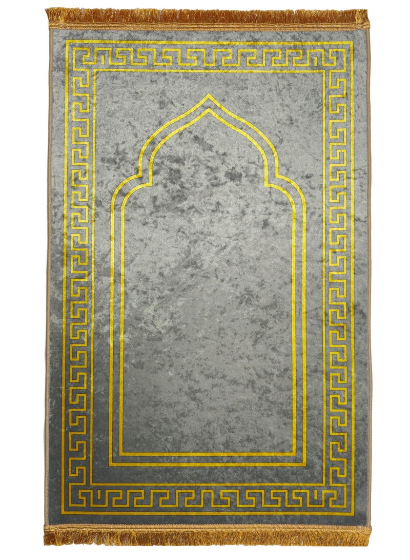 فابينني سجادة صلاة إسلامية فاخرة من المخمل المطبوع مقاس 70×110 سم مع قاعدة غير قابلة للانزلاق وشرابات لامعة، خفيفة الوزن وقابلة للحمل، هدية لشهر رمضان والعيد والحج والعمرة، رمادي/ذهبي - Image 2