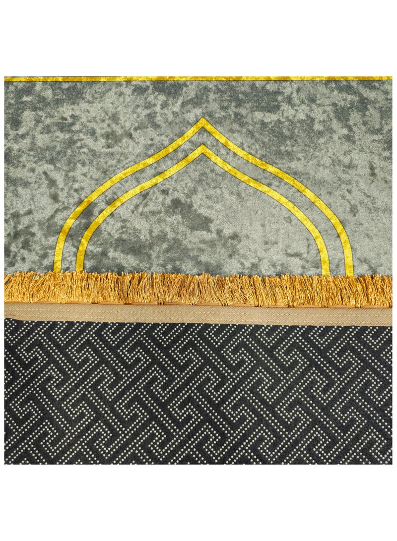 فابينني سجادة صلاة إسلامية فاخرة من المخمل المطبوع مقاس 70×110 سم مع قاعدة غير قابلة للانزلاق وشرابات لامعة، خفيفة الوزن وقابلة للحمل، هدية لشهر رمضان والعيد والحج والعمرة، رمادي/ذهبي - Image 4