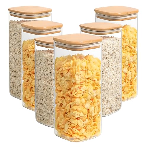 WHISKET - Square Glass Storage Containers with Bamboo Lids, Storage Stackable Spice Jar, Kitchen Canister for Tea, Coffee, Flour, Sugar, Candy, Cookie, Spice and Seasonings. (420 ML - 6 PCS) - Image 1