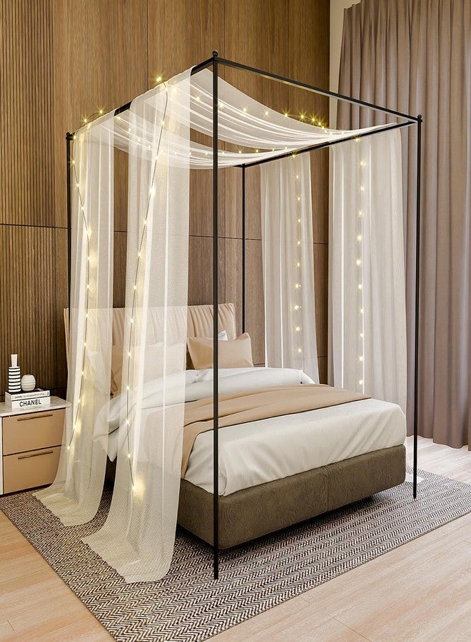 URMAGIC Canopy Bed Curtains with Lights for Girls & Adults, 2 Panels Sheer Bed Canopy Curtains for Full/Queen Metal Bed Frame, Scarf Valance Canopy Bed Drapes, 37.4" X 228", Easy Install, White - Image 1